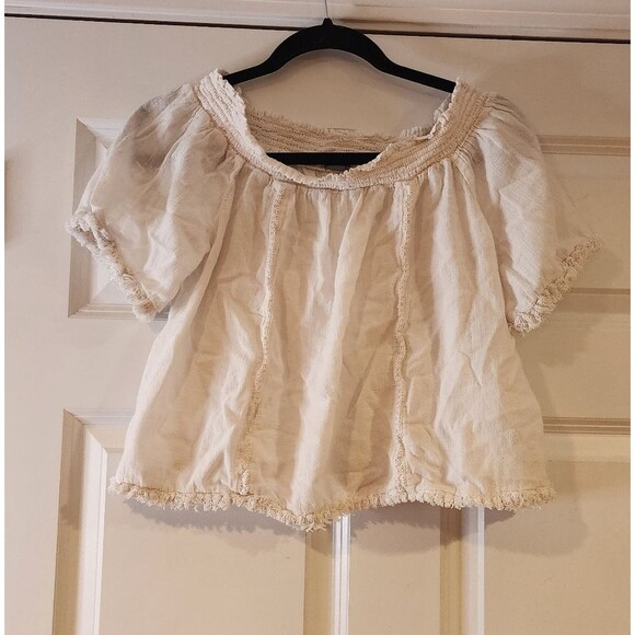 Aerie white frayed hem short sleeve blouse M - Picture 1 of 3